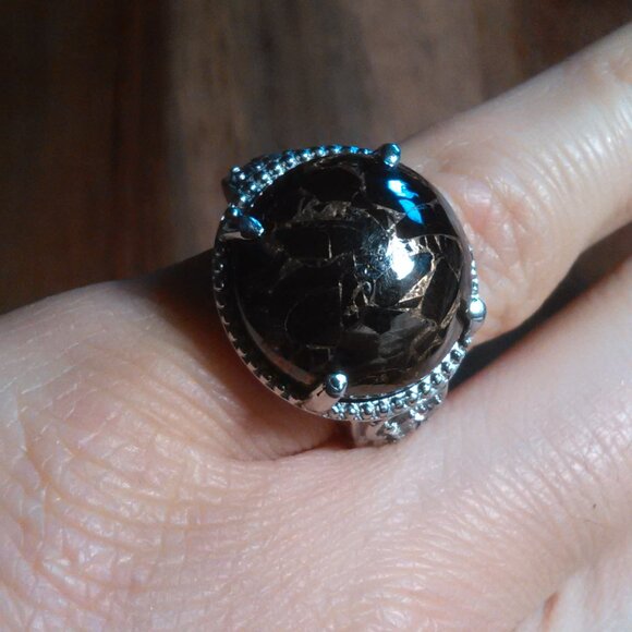 Matrix Silver Shungite and White Zircon Stainless Steel Ring (Size 5) - Picture 1 of 13